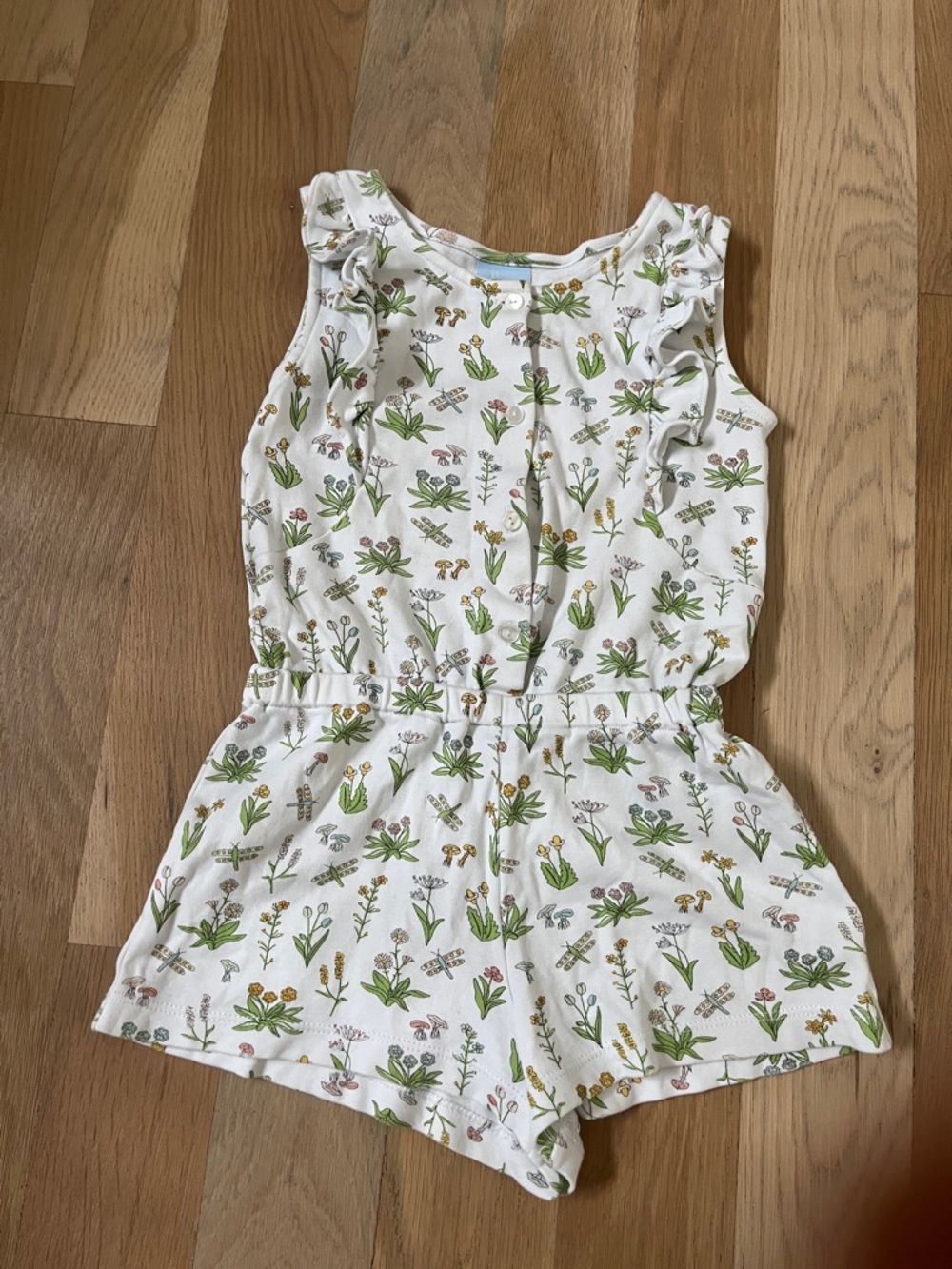 Bella Bliss Girls White Floral Romper with Green Print